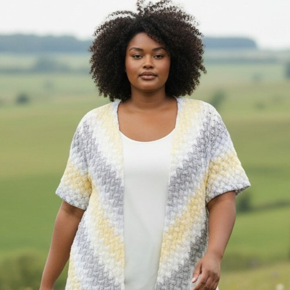 Alfred Dunner Cardigan Sweater Womens 2X Yellow Gray White Lace Open Knit Lined